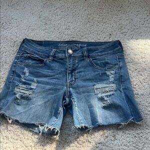 American Eagle Outfitters Distressed Mid-Blue Denim Shorts size 8 super stretch